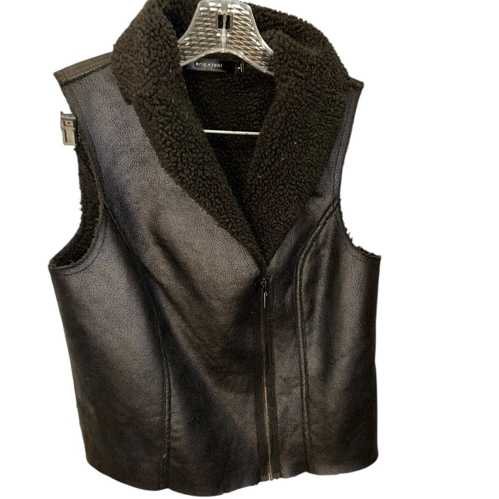 eric + lani black faux shearling shawl collar jacket asymmetrical moto vest S